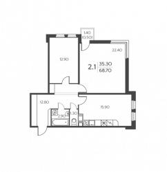 Двухкомнатная квартира 68.7 м²