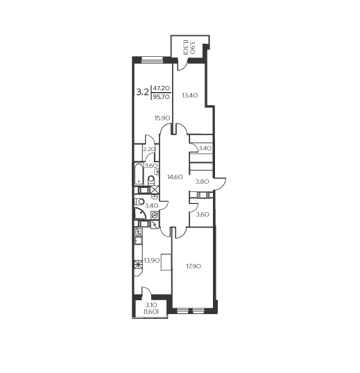 Трёхкомнатная квартира 95.7 м²